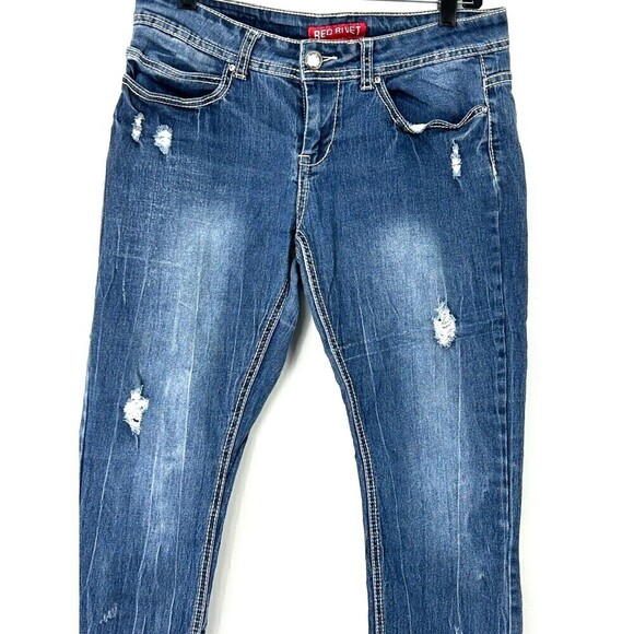 Red Rivet Womens Cropped Size 11 Blue Jeans Thick Stitch Distressed Straight E3 - Picture 6 of 11